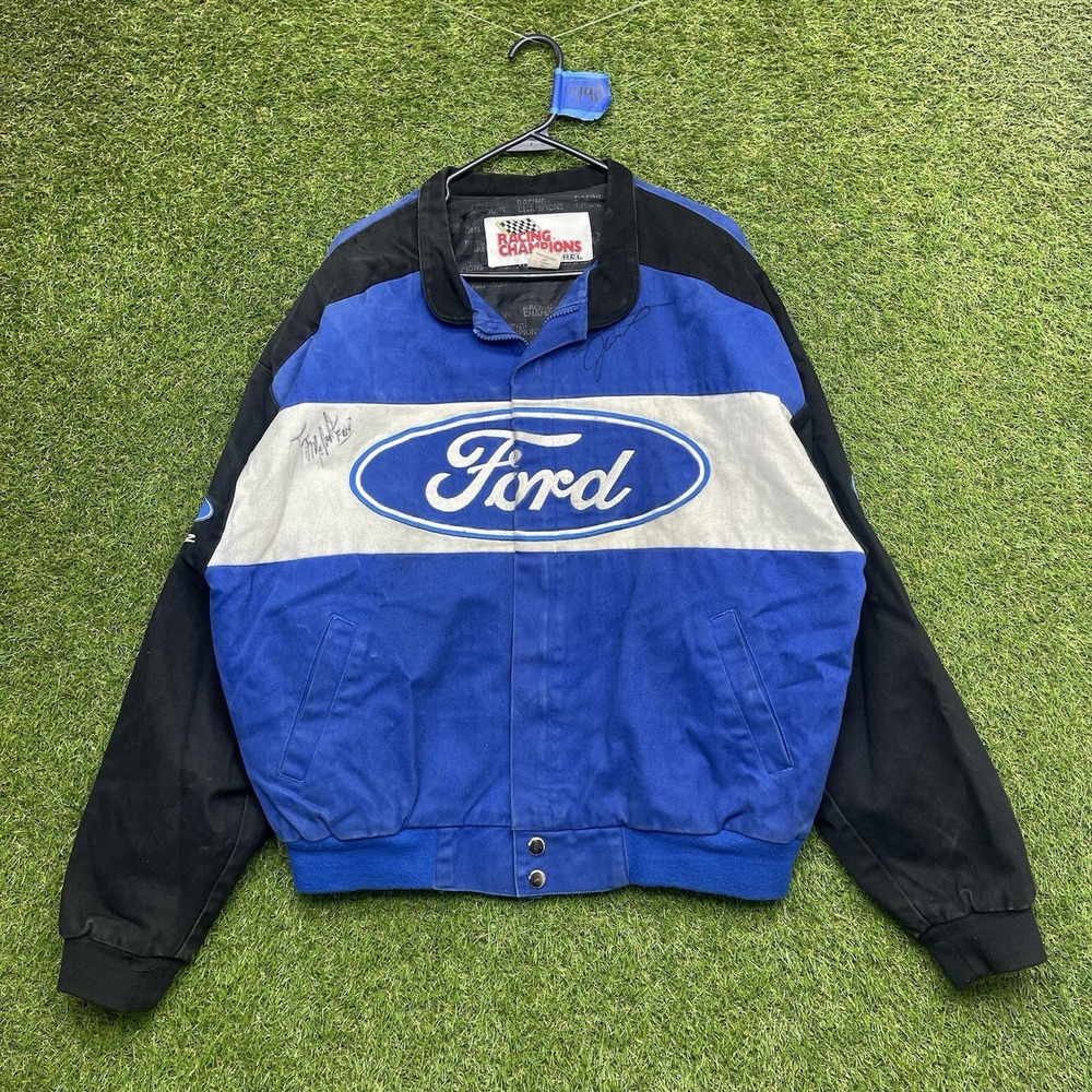 Ford NASCAR Racing Championship Jacket Mens Large Royal Blue Zip Up Signed 90s